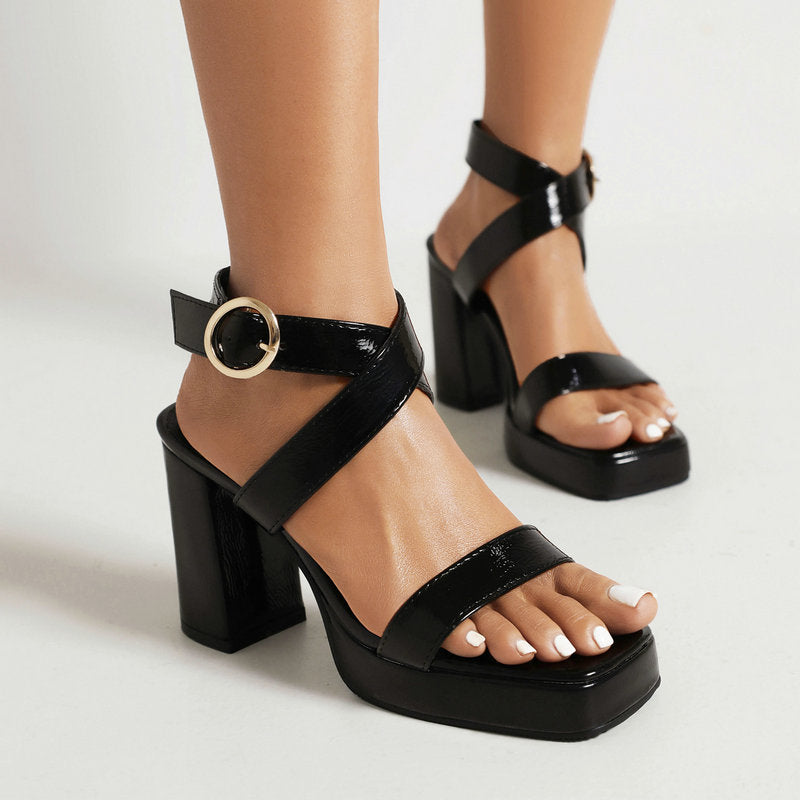Womens Square Toe Cross Buckle Chunky Heel Summer Sandals