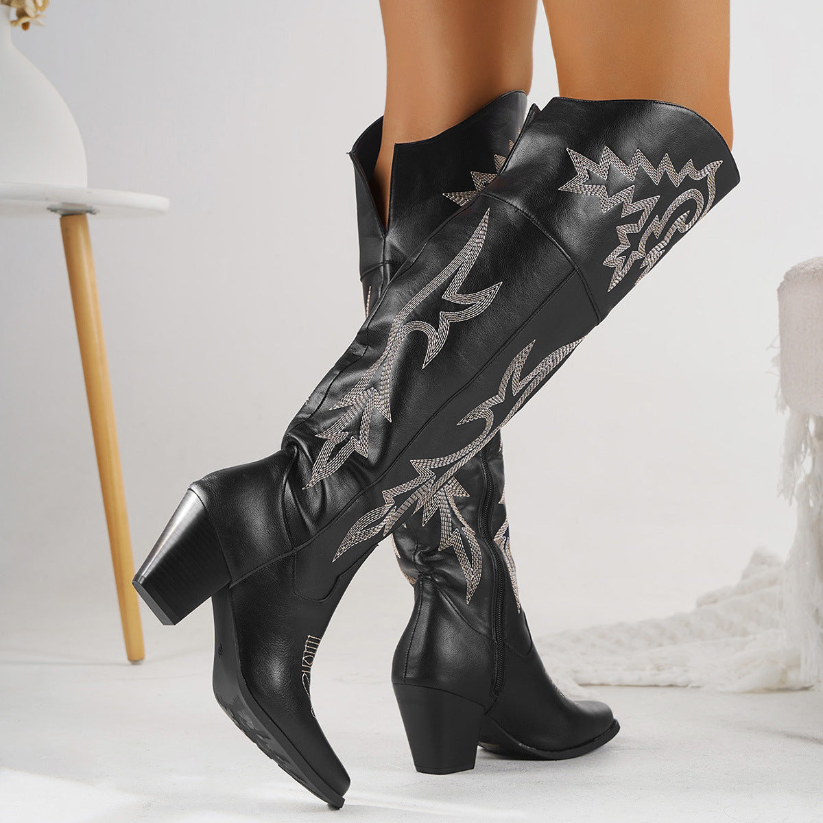 Women's Western Denim Over The Knee Zipper Boots