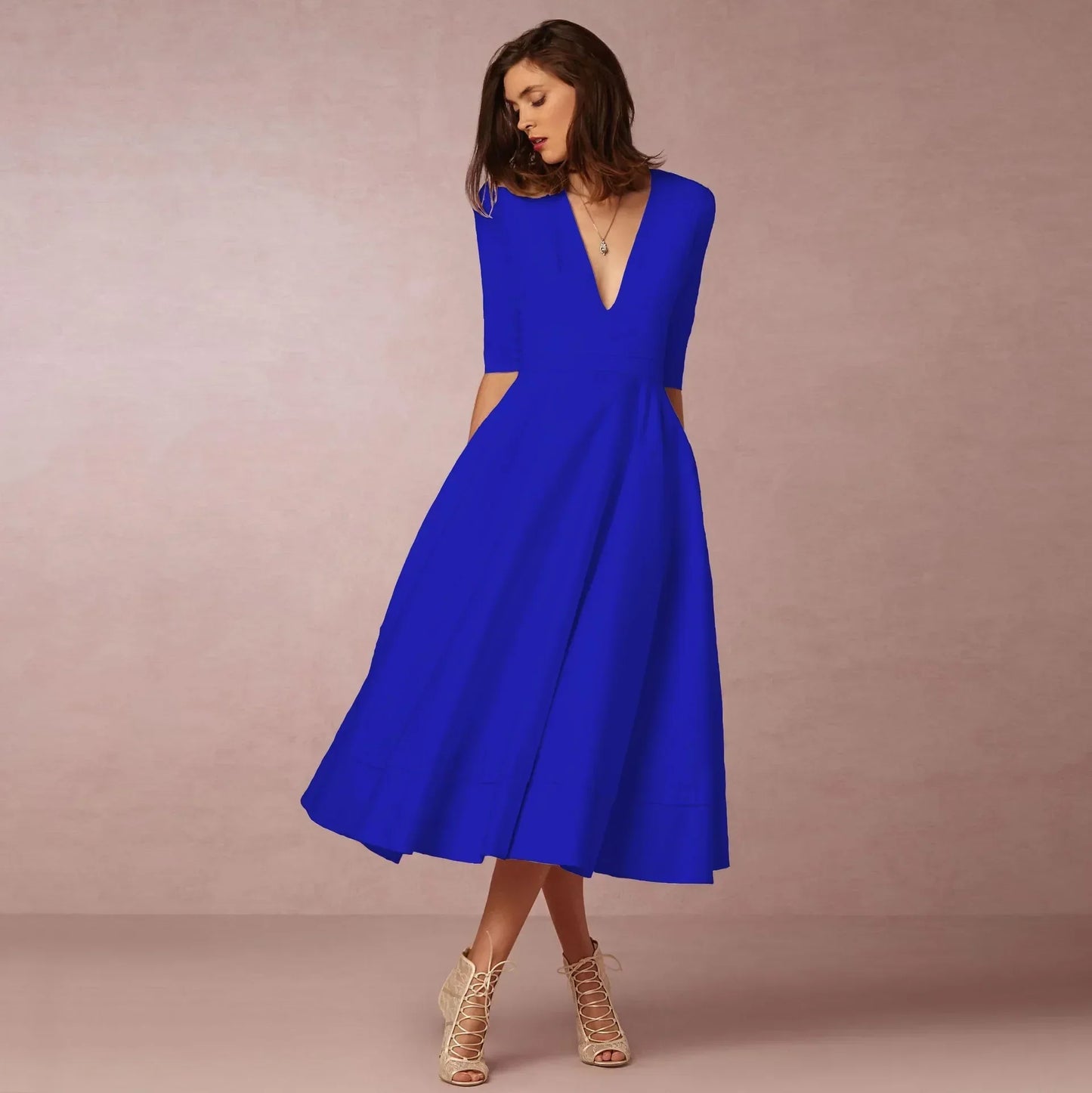 Women's Elegant Solid V-Neck Flowing Flared Midi Dress