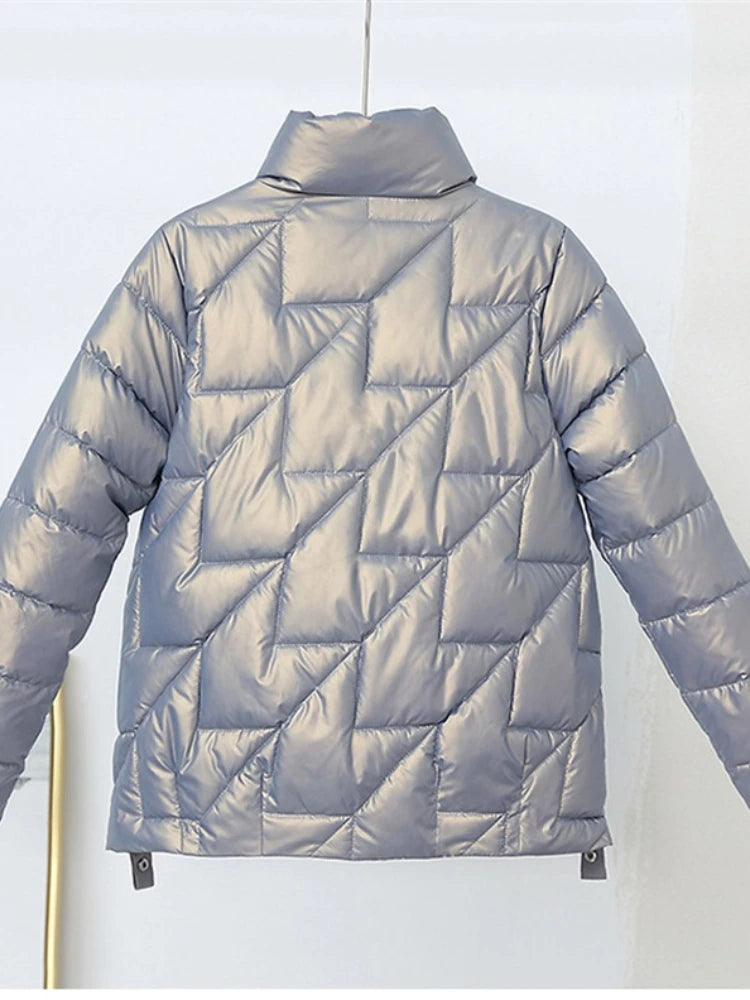 Womens Glossy Padded Down Cotton Jacket | Stand Collar Casual Warm Parka