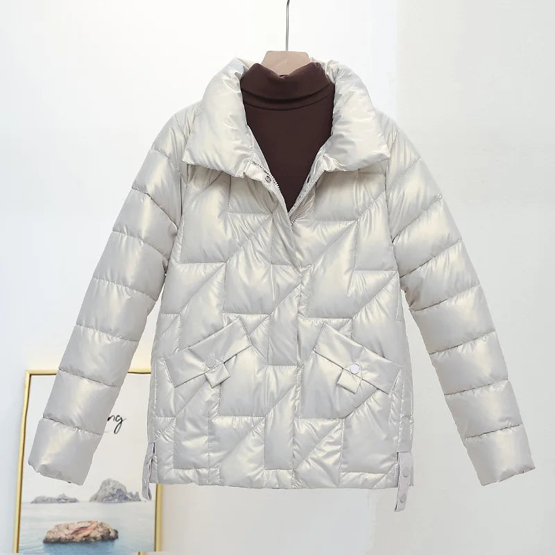 Womens Glossy Padded Down Cotton Jacket | Stand Collar Casual Warm Parka