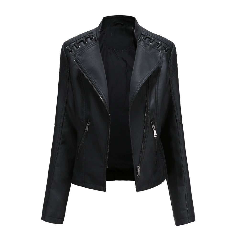 Womens Lapel Biker Washed PU Leather Jacket