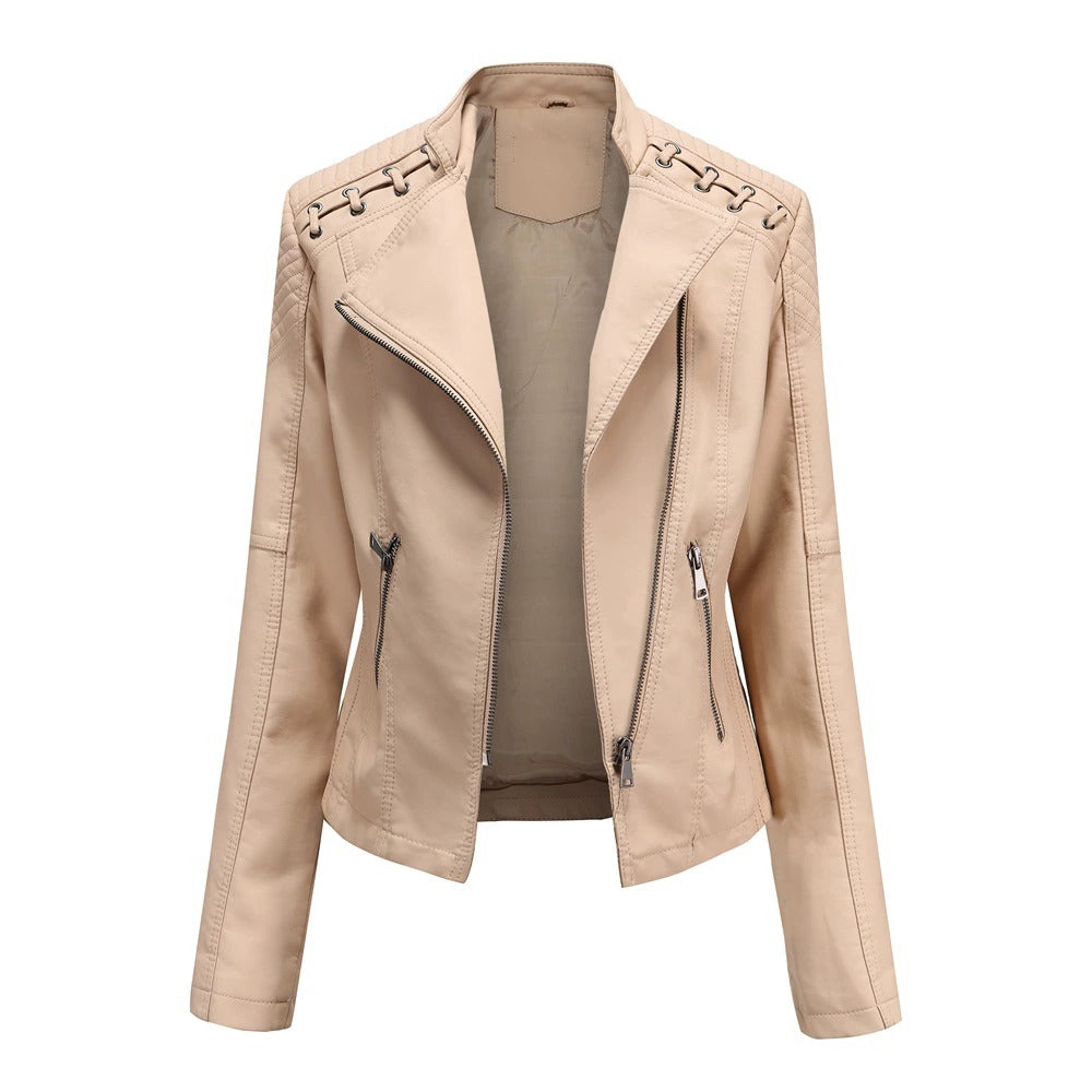 Womens Lapel Biker Washed PU Leather Jacket