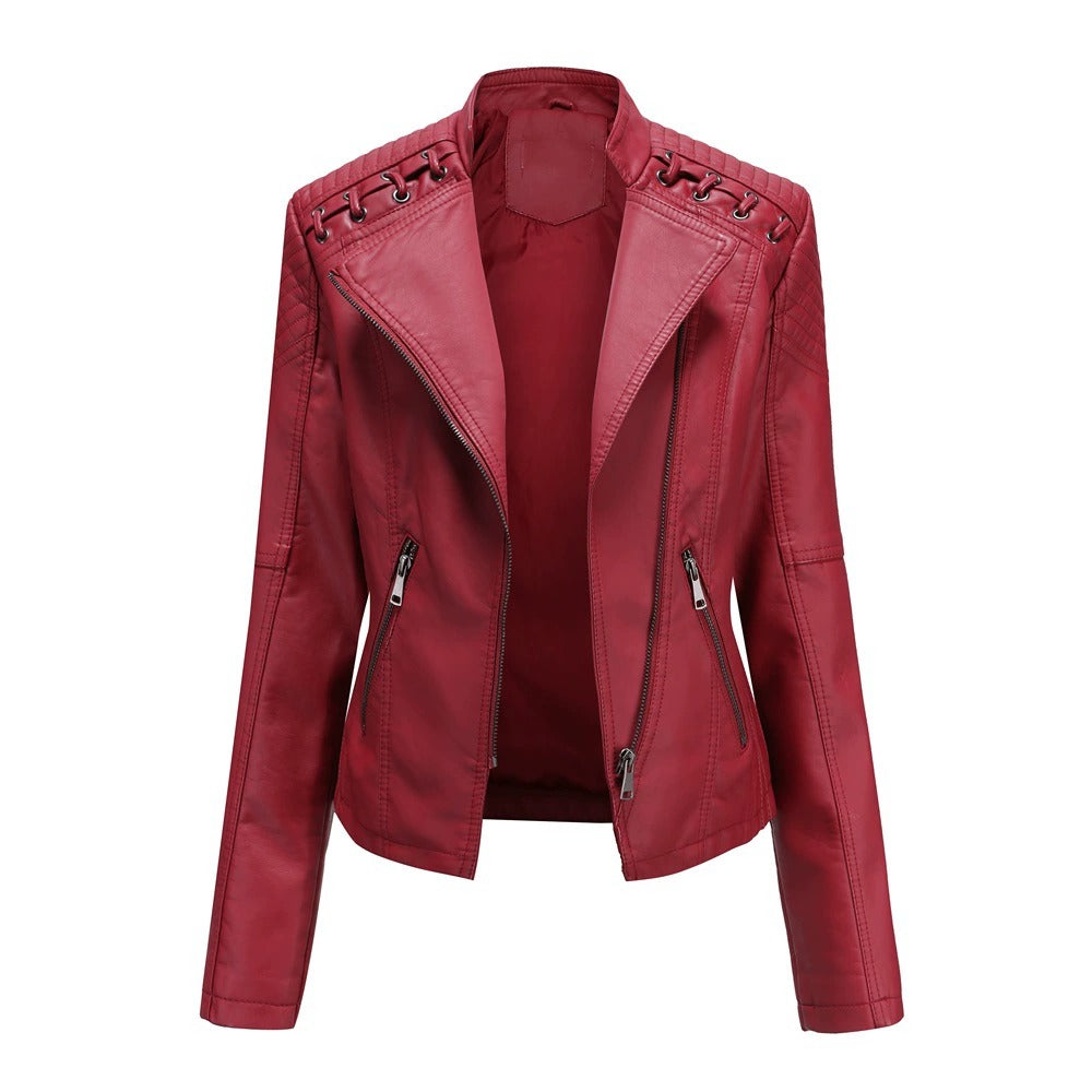 Womens Lapel Biker Washed PU Leather Jacket