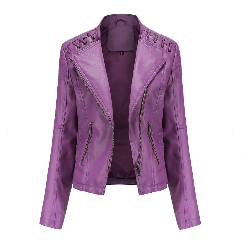 Womens Lapel Biker Washed PU Leather Jacket