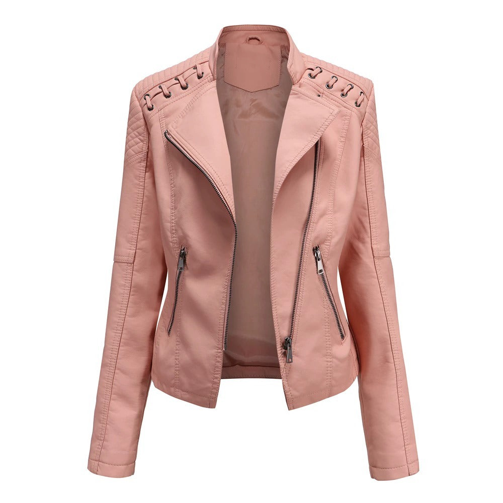 Womens Lapel Biker Washed PU Leather Jacket