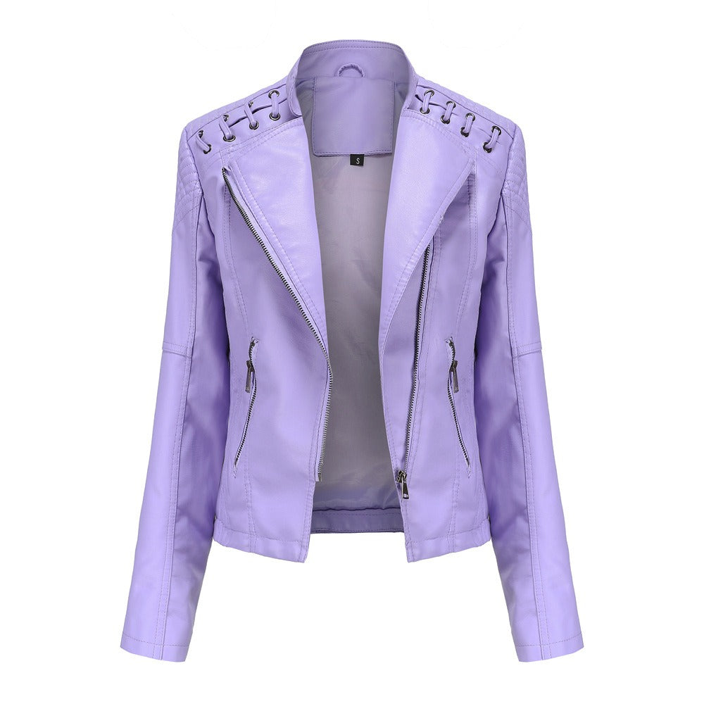 Womens Lapel Biker Washed PU Leather Jacket
