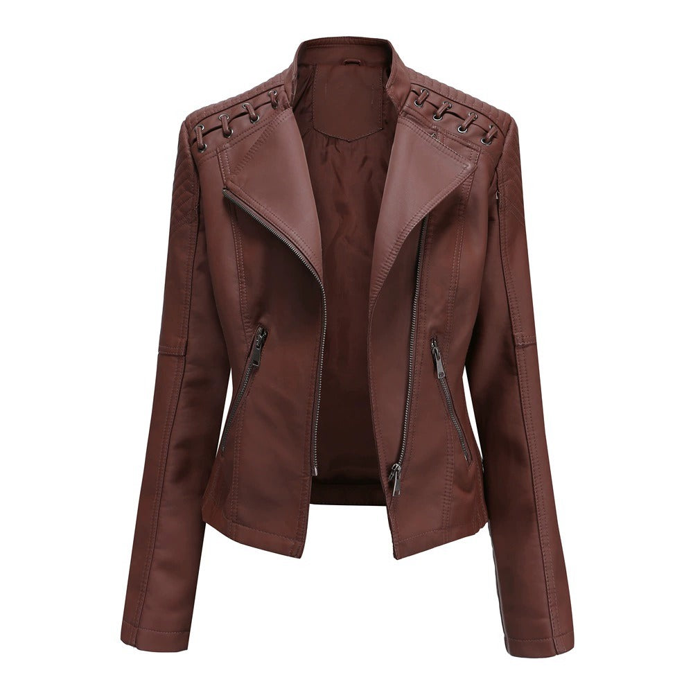 Womens Lapel Biker Washed PU Leather Jacket