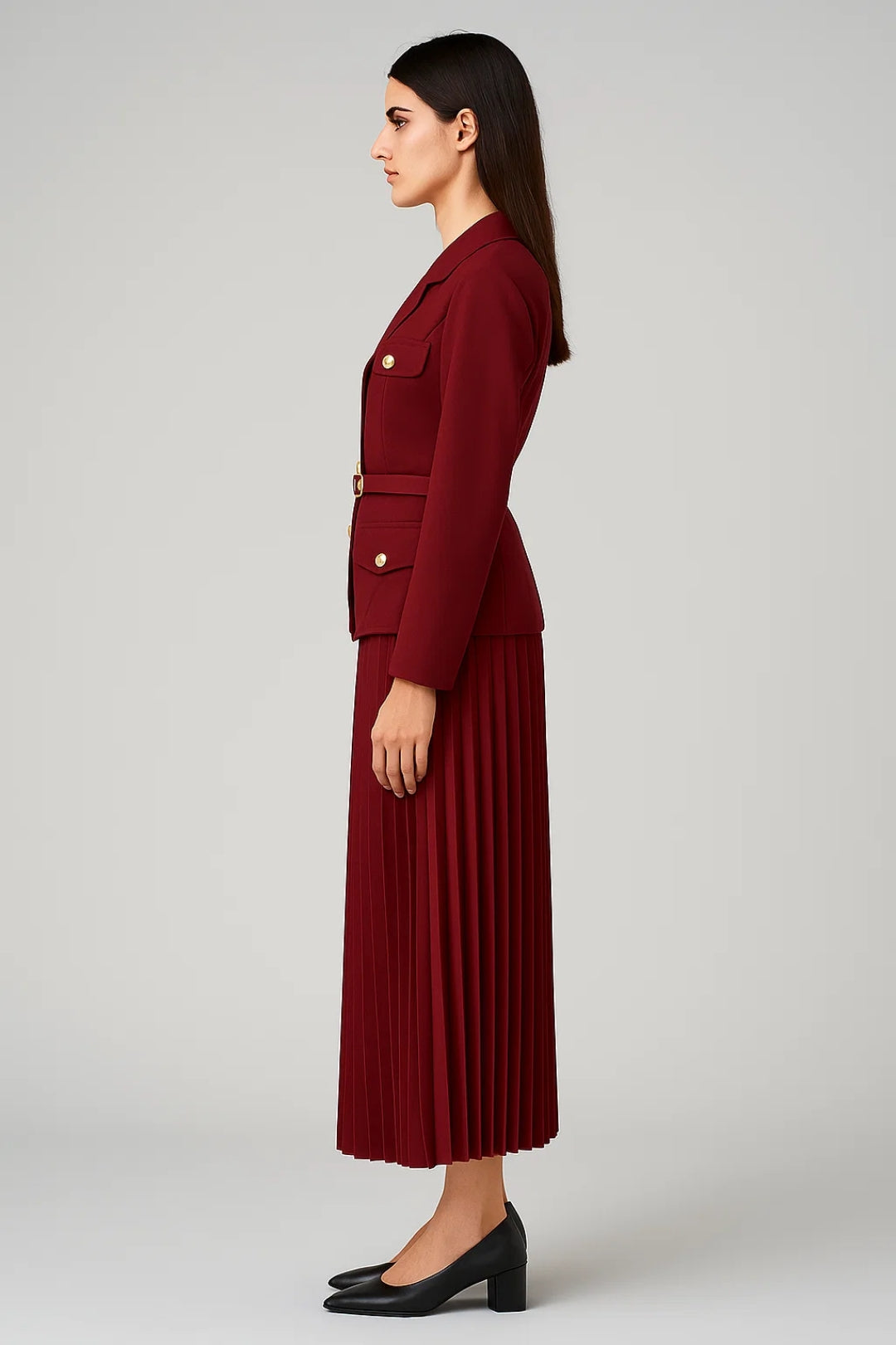 Women's Tailored Double-Breasted Blazer And Pleated Midi Skirt Set