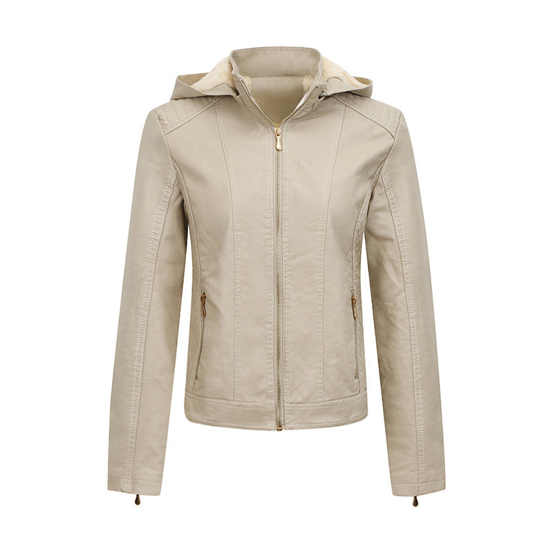 Womens Plush Thickened Hooded Slim Zipper Leather Jacket With Pockets | Long Sleeve Outwear Winter Coat