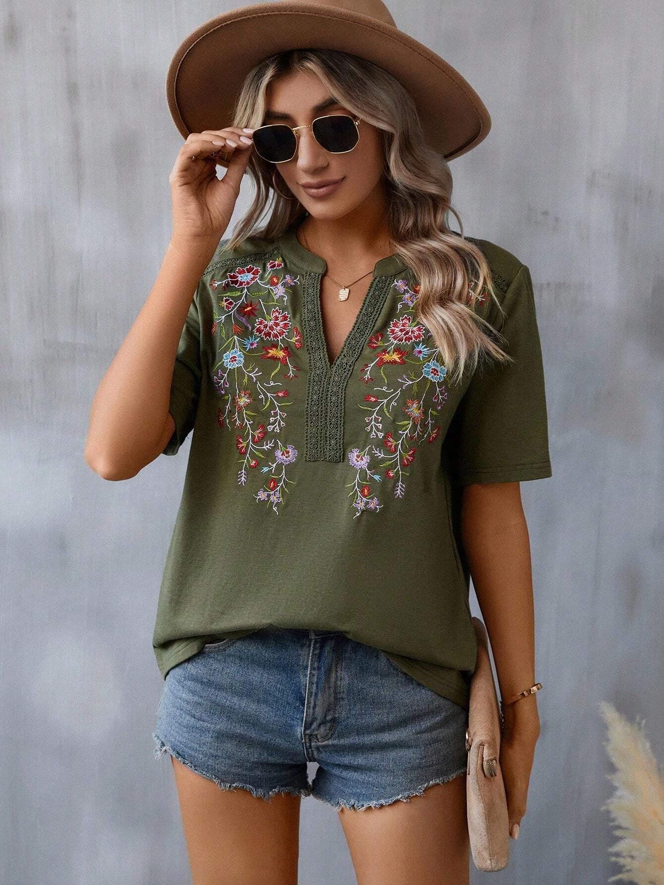 Womens Embroidery Short Sleeve Shirt | Summer Stitching Lace-collared Blouse