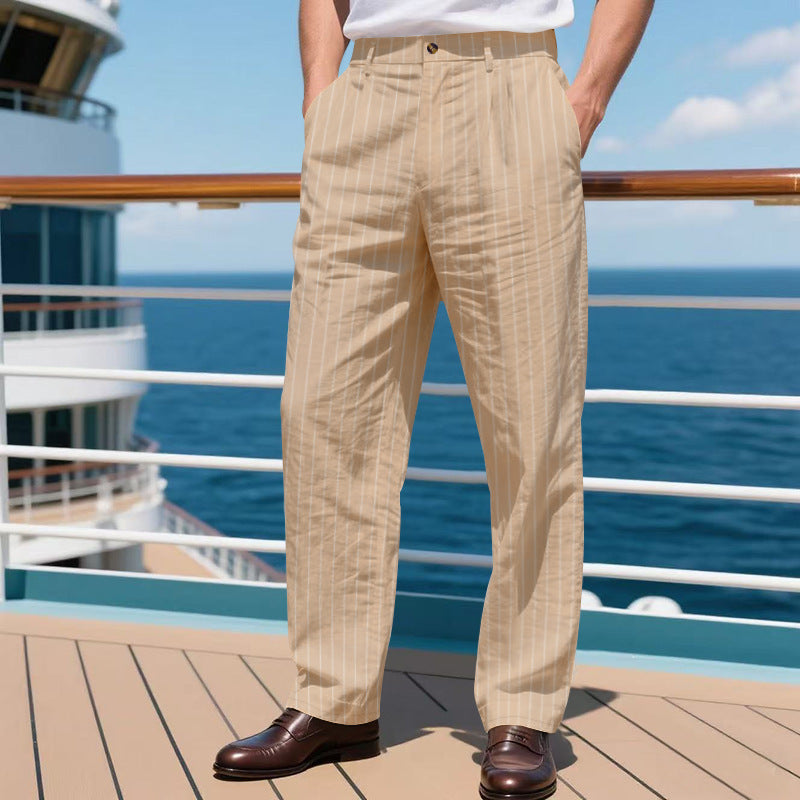 Mens Striped Loose Breathable Casual Cotton Trouser Pants