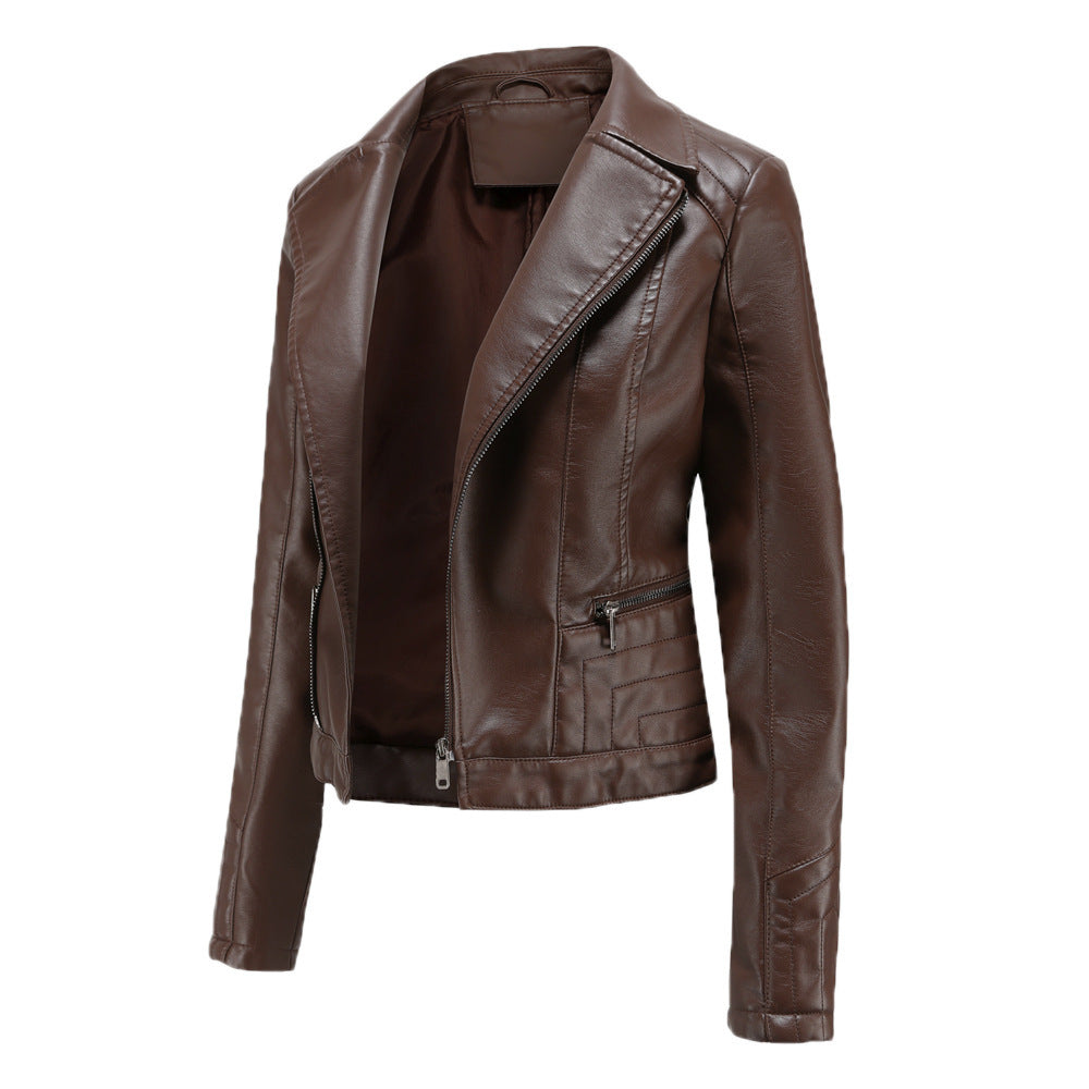 Womens Lapel Biker Washed PU Leather Jacket
