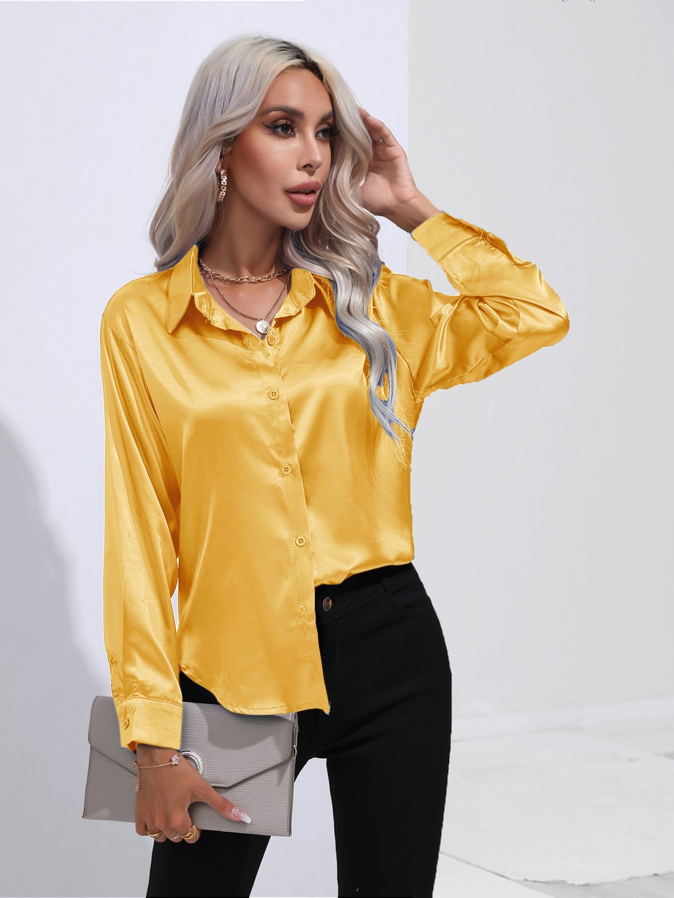 Satin Solid Color Button Front Lapel Shirt by Lakd London