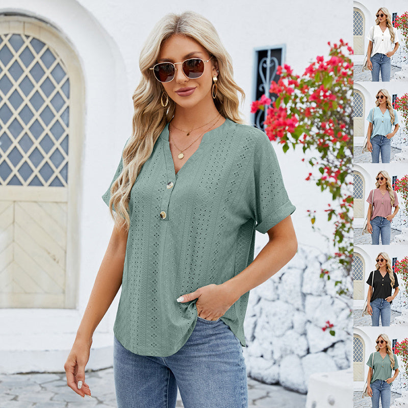 Womens V-neck Rolled Hem Short-sleeved Shirt | Summer Loose Casual T-shirt