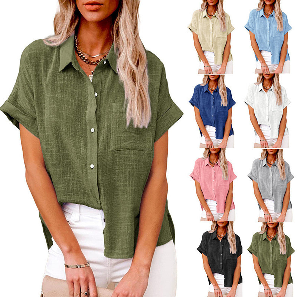 Womens Summer Lapel Short Sleeve Shirt | Solid Color Button Tops - LAKD London