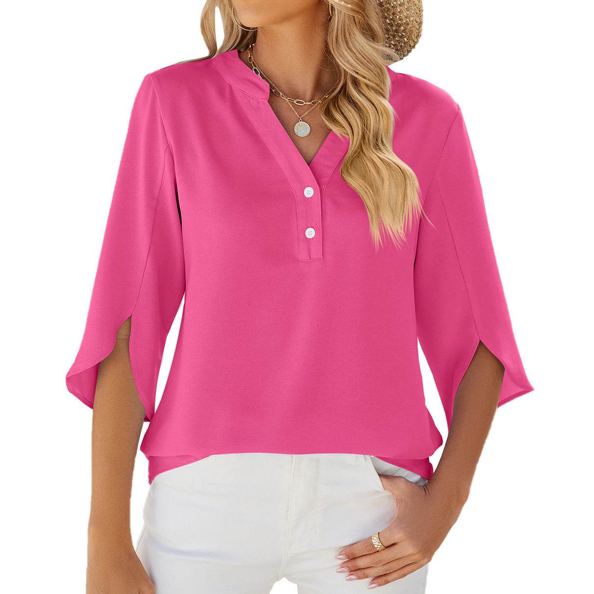 Womens Button V-neck Mid-sleeve Chiffon Shirt Solid Color Top by Lakd London