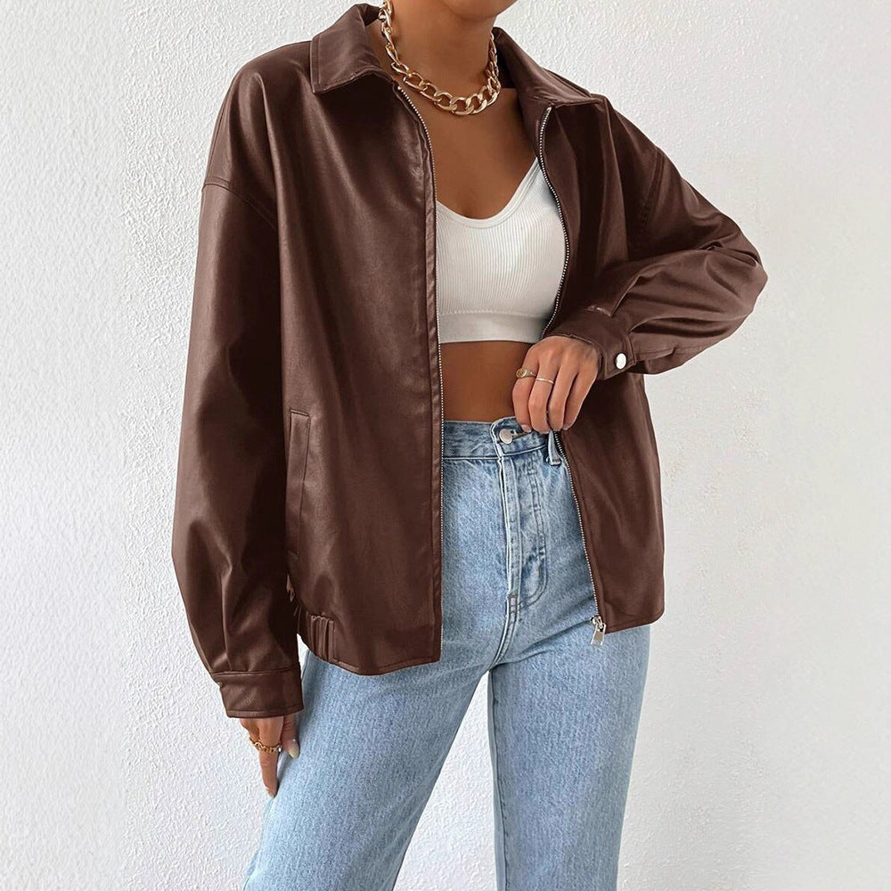 Womens Winter PU Leather Coat | Retro Biker's Long Sleeve Zipper Lapel Jacket