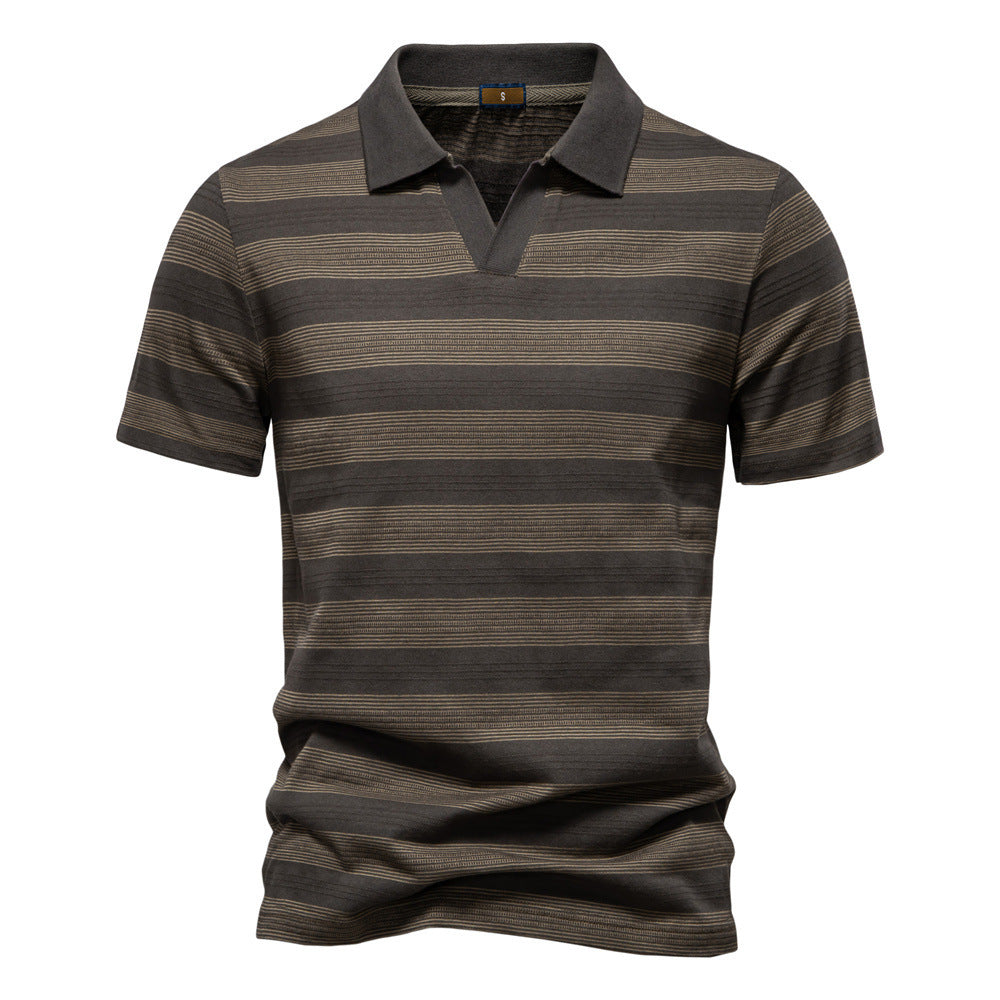 Mens Striped Lapel Polo Shirt | Summer Textured Short Sleeve Tee