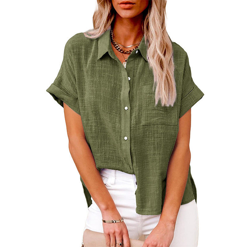 Womens Summer Lapel Short Sleeve Shirt | Solid Color Button Tops - LAKD London