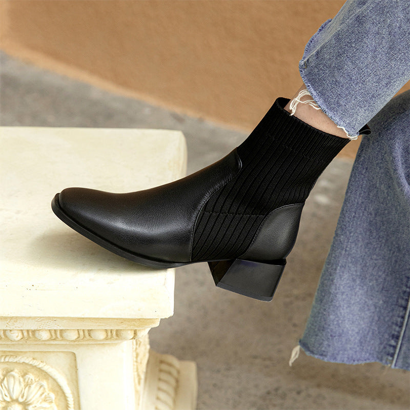 Womens Cowhide Socks Boots | Knitted Thin Square Toe Mid-heel Martin Boots