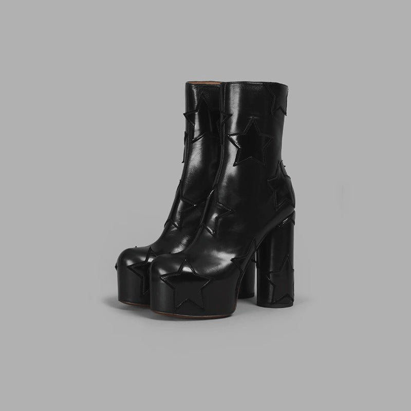 Womens Round Head Chunky High Heels Boot | Side Zipper Height Increasing