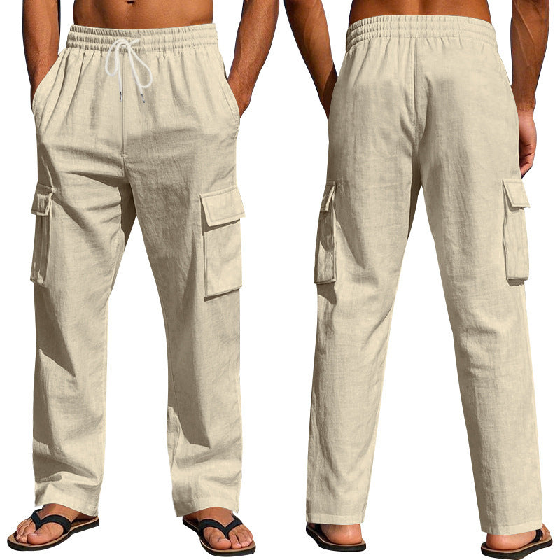 Multi-pocket Straight Linen Men's Cargo Trousersby Lakd London