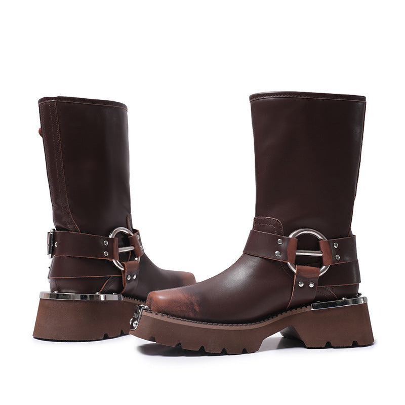 Womens Chunky Height Increasing Boots | Leather Western Denim Ankle Boots