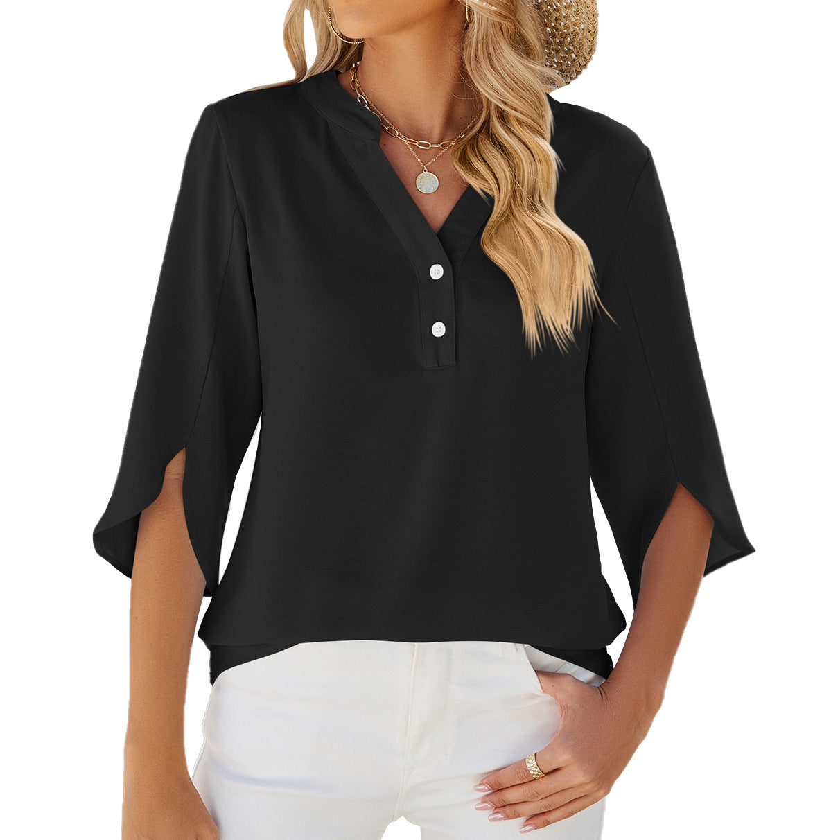 Womens Button V-neck Mid-sleeve Chiffon Shirt Solid Color Top by Lakd London