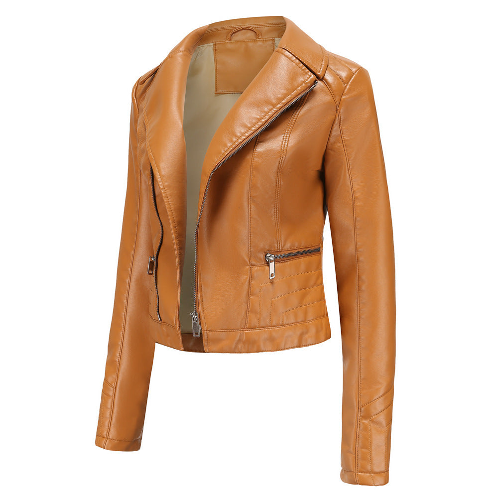 Womens Lapel Biker Washed PU Leather Jacket