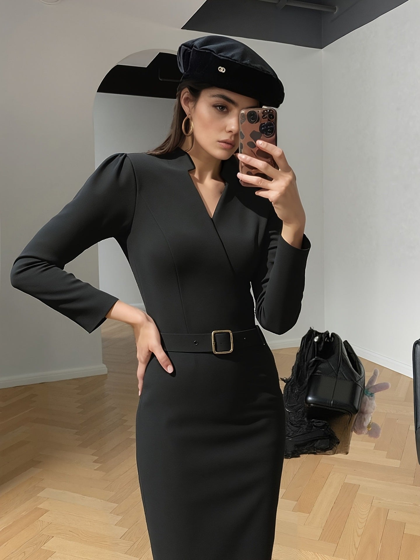 Women's Slim Fit V-Neck Long Sleeve Office Suit Dress