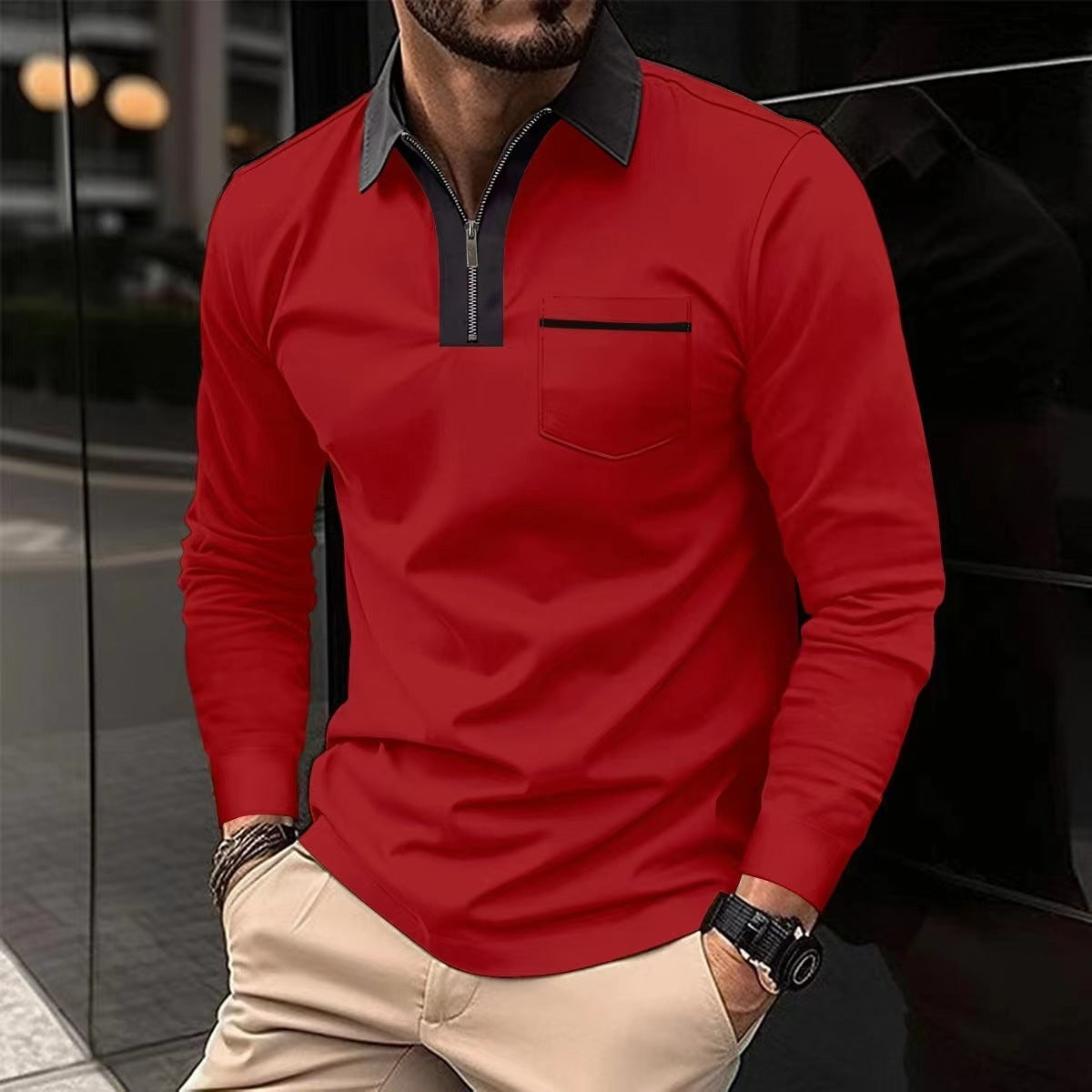 Men's Long Sleeve Zipper Polo Shirt Casual Lapel Henley Style - LAKD London