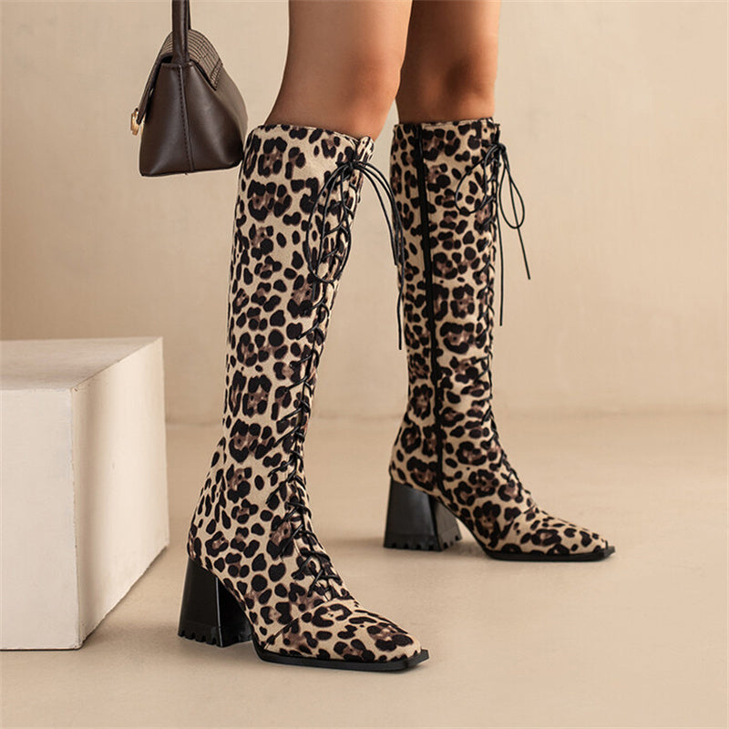 Womens Vintage Print Boots With Pointed Toes And Thick Heels
