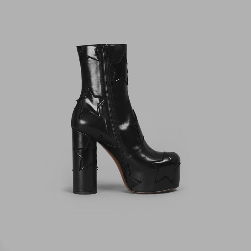 Womens Round Head Chunky High Heels Boot | Side Zipper Height Increasing