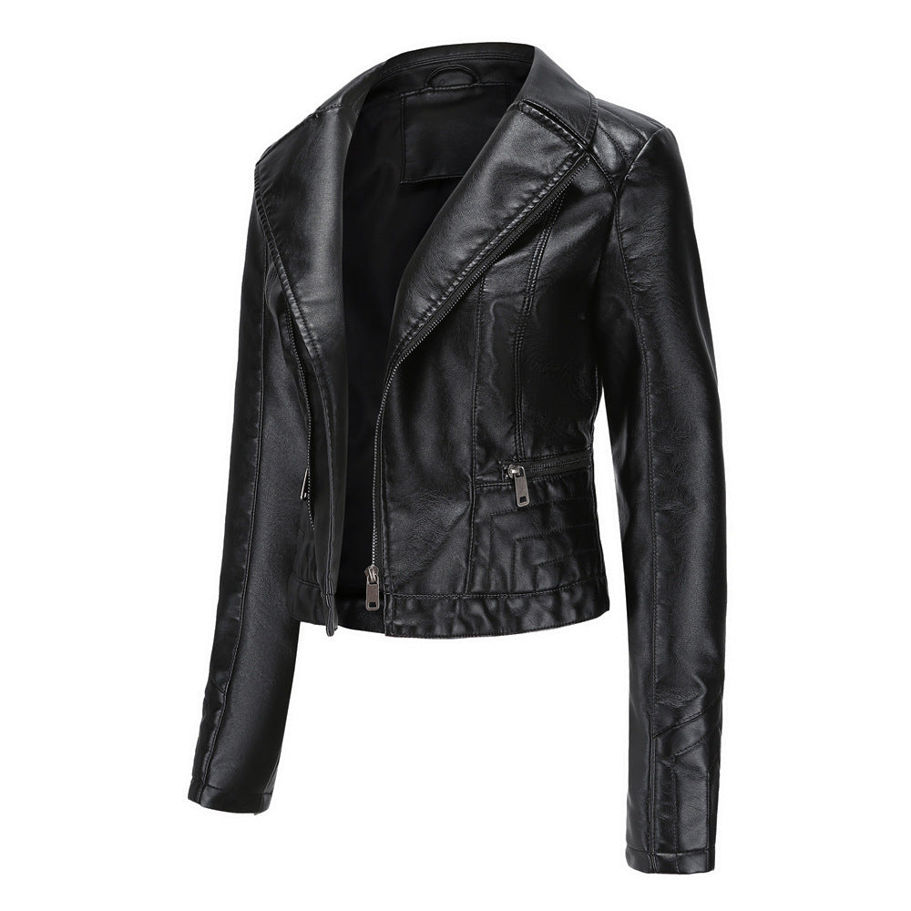 Womens Lapel Biker Washed PU Leather Jacket