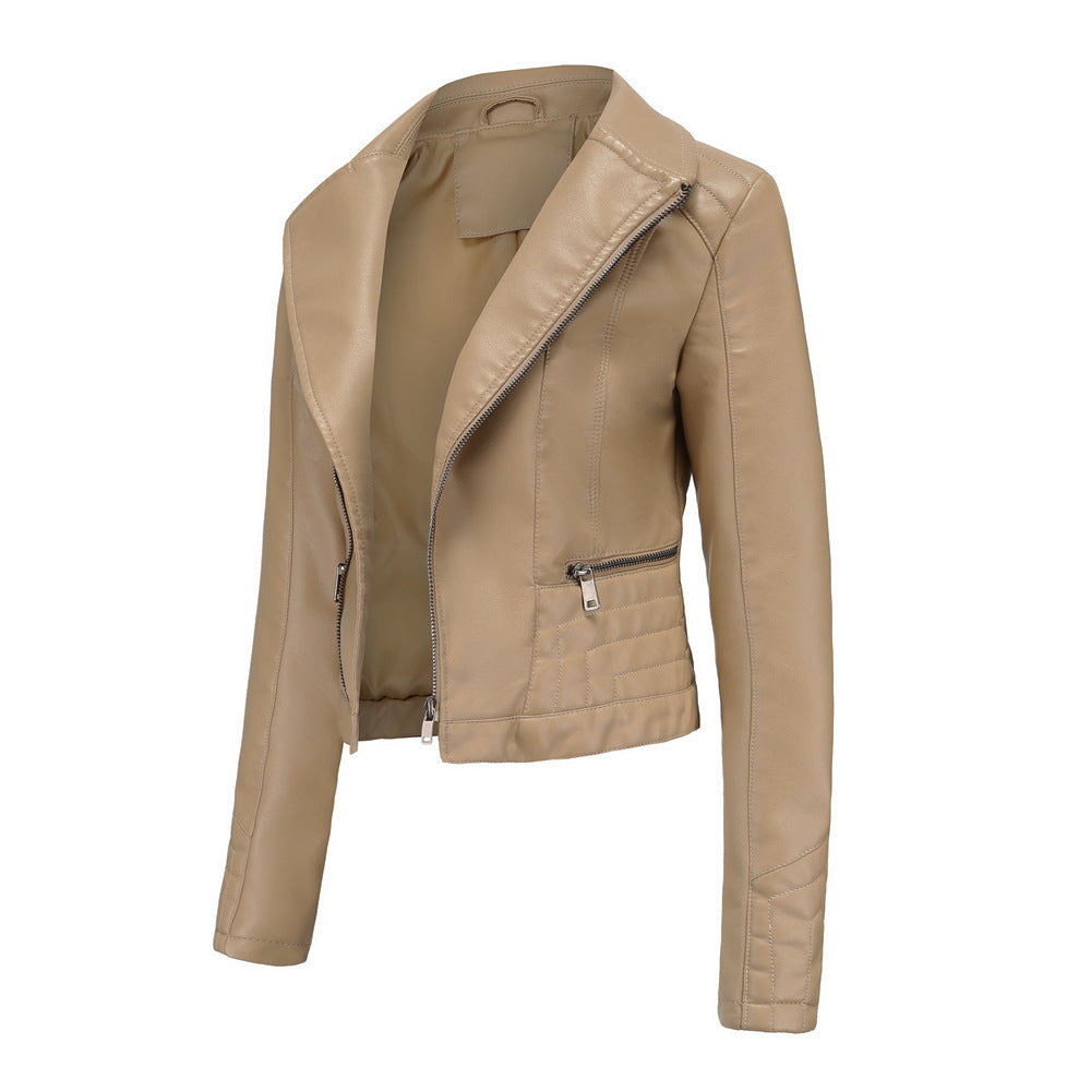 Womens Lapel Biker Washed PU Leather Jacket
