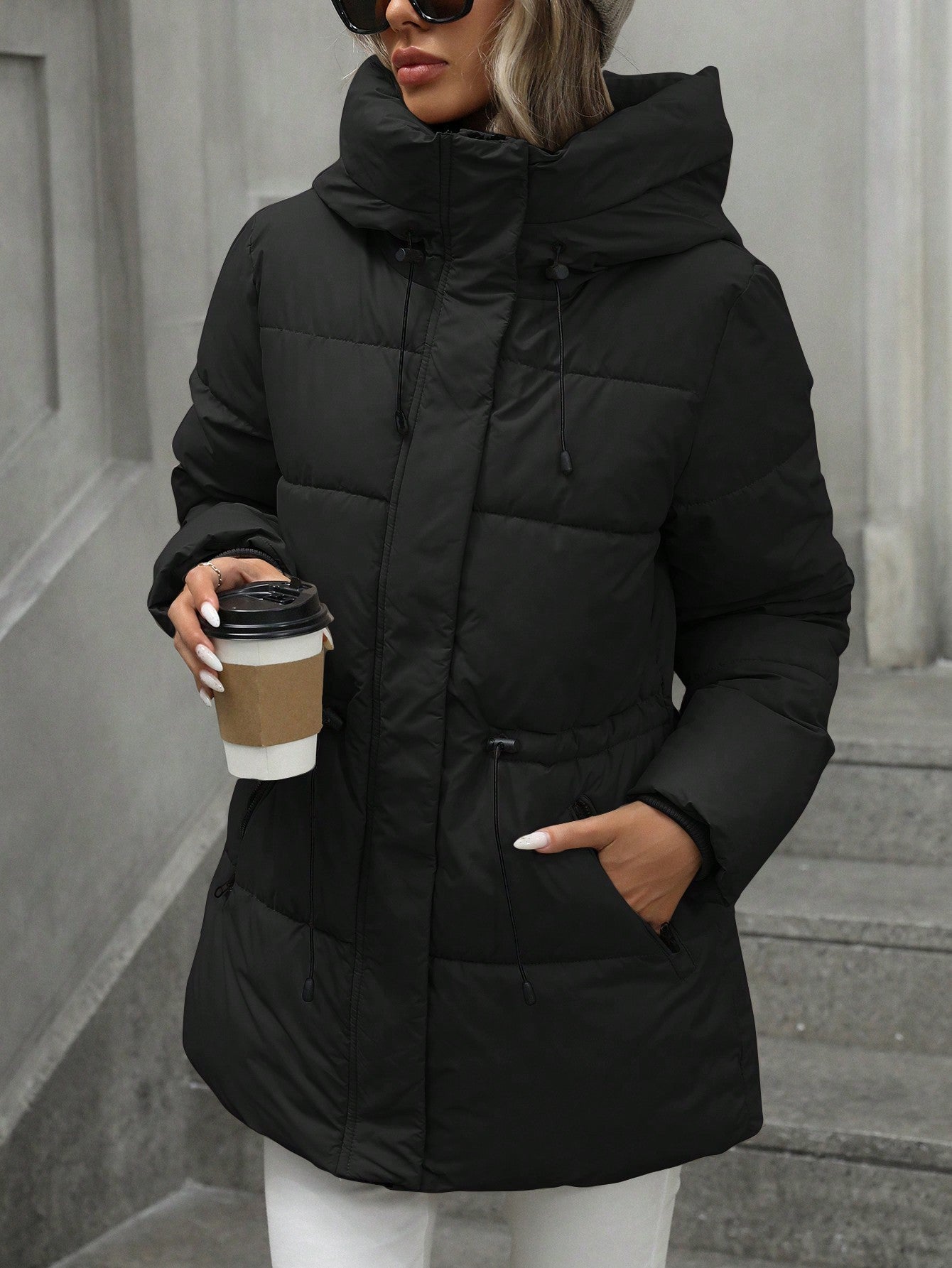 Womens Adjustable Waist Quilted Mid-Length Hooded Padded Winter Coat