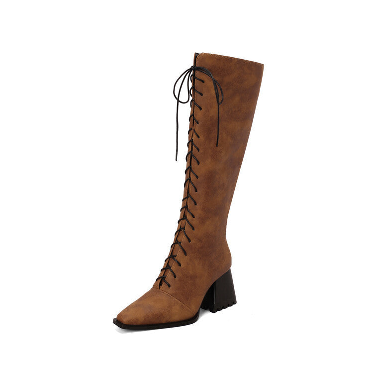 Womens Vintage Print Boots With Pointed Toes And Thick Heels