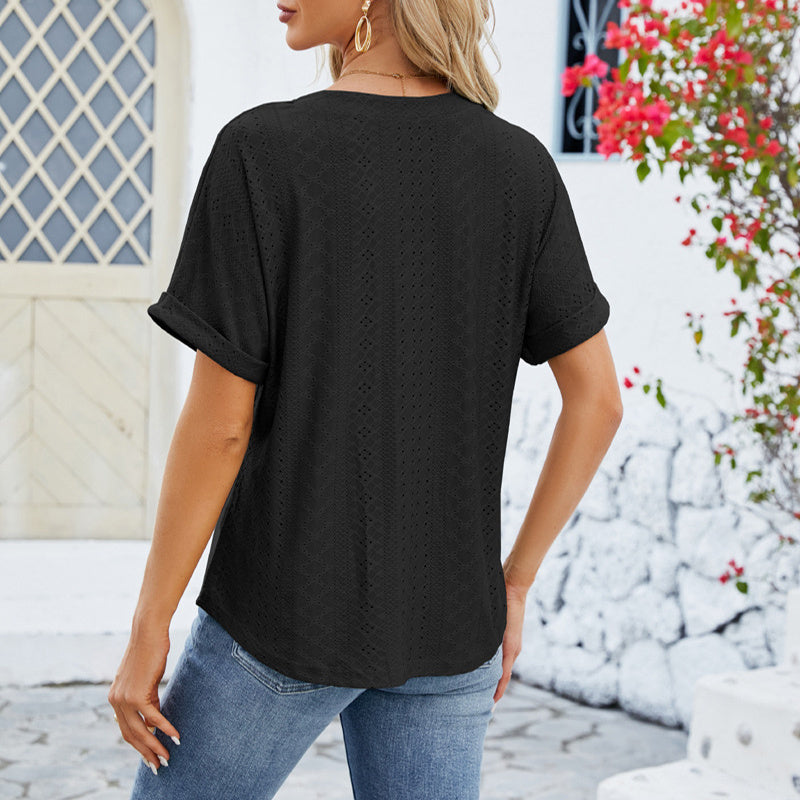 Womens V-neck Rolled Hem Short-sleeved Shirt | Summer Loose Casual T-shirt
