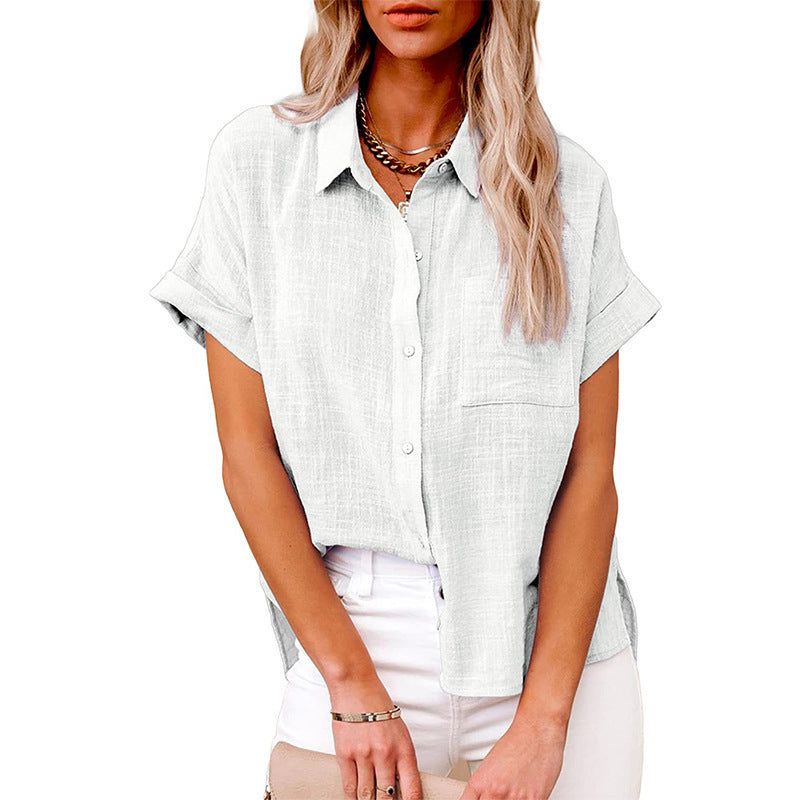 Womens Summer Lapel Short Sleeve Shirt | Solid Color Button Tops - LAKD London