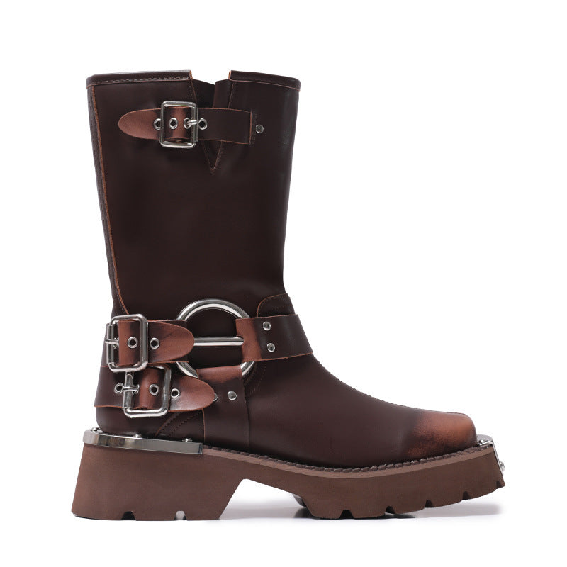 Womens Chunky Height Increasing Boots | Leather Western Denim Ankle Boots