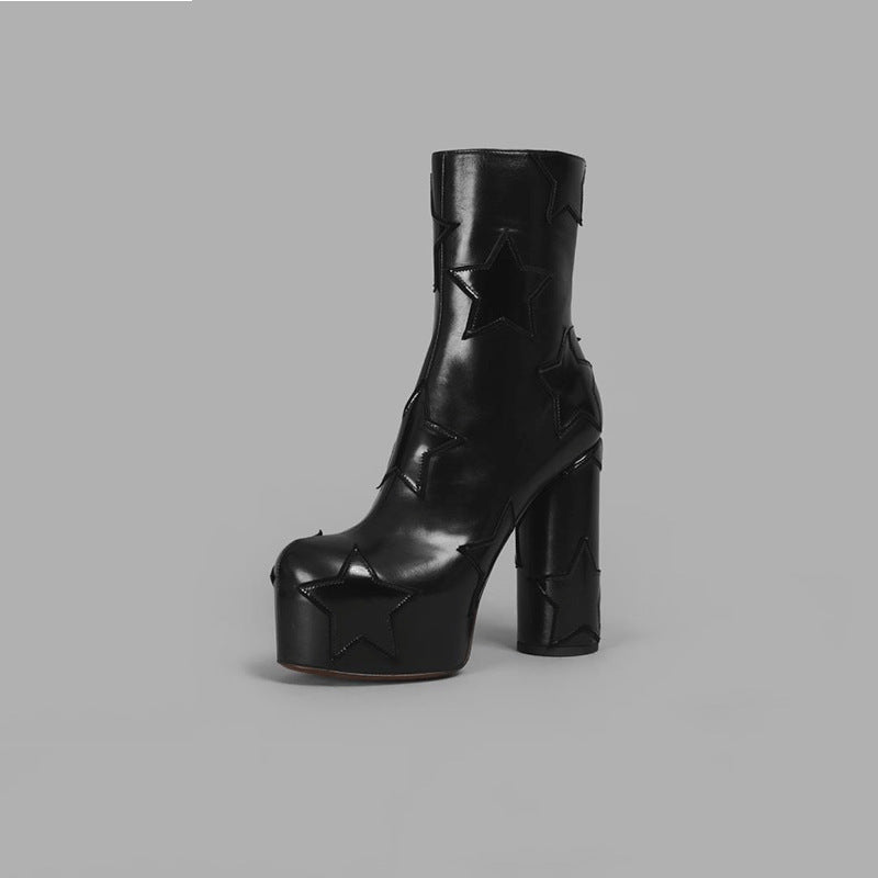 Womens Round Head Chunky High Heels Boot | Side Zipper Height Increasing