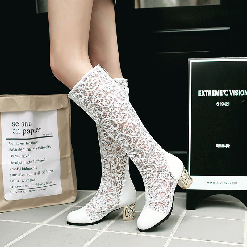 Womens Round Toe Stitching Lace Back-zip Boots | Chunky Heel Women's Sandals - LAKD London
