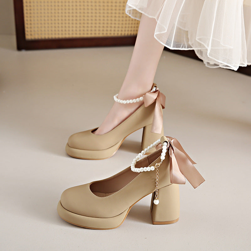 Womens Mary Jane Shoes | Preppy Style Chunky Heel Pearl All-match