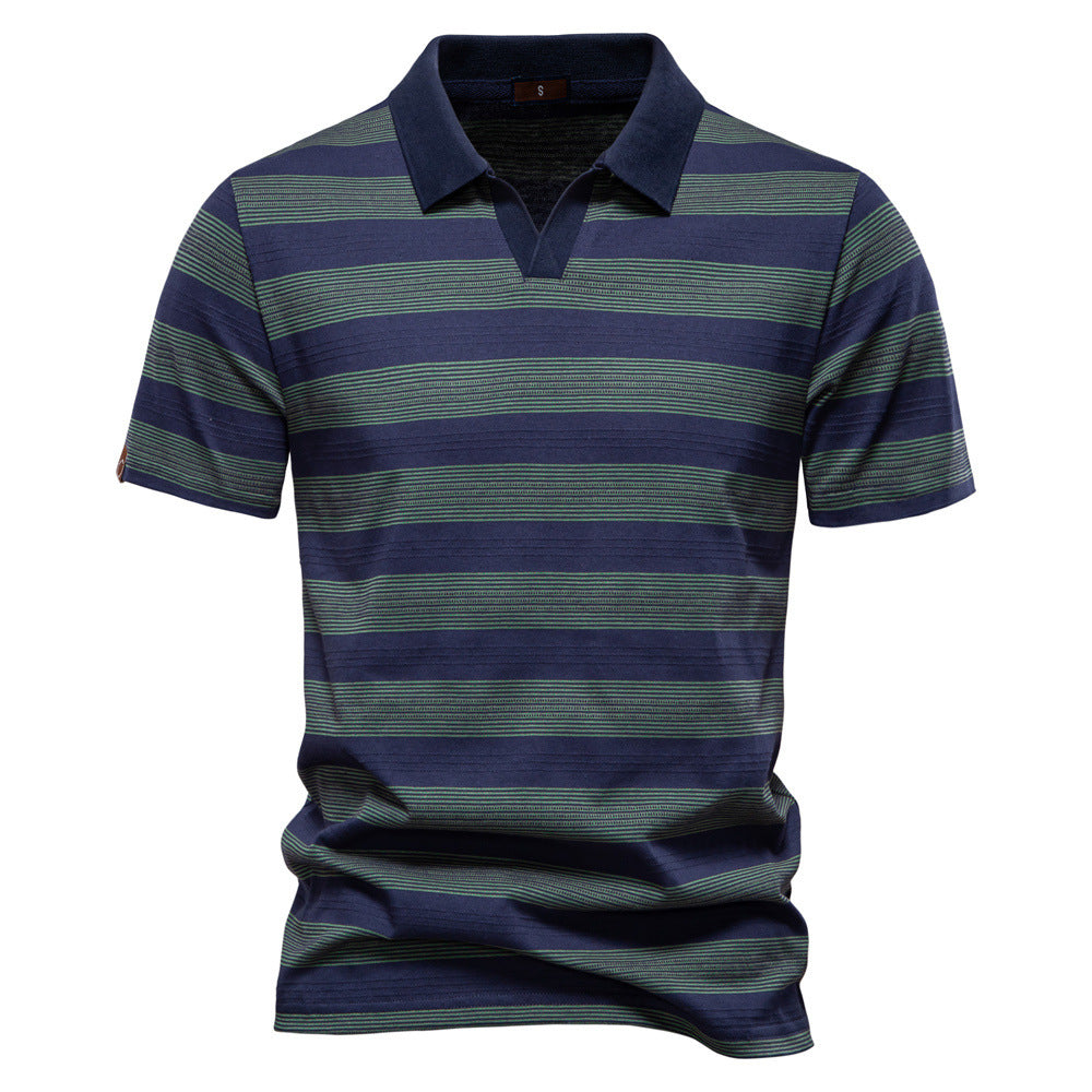 Mens Striped Lapel Polo Shirt | Summer Textured Short Sleeve Tee