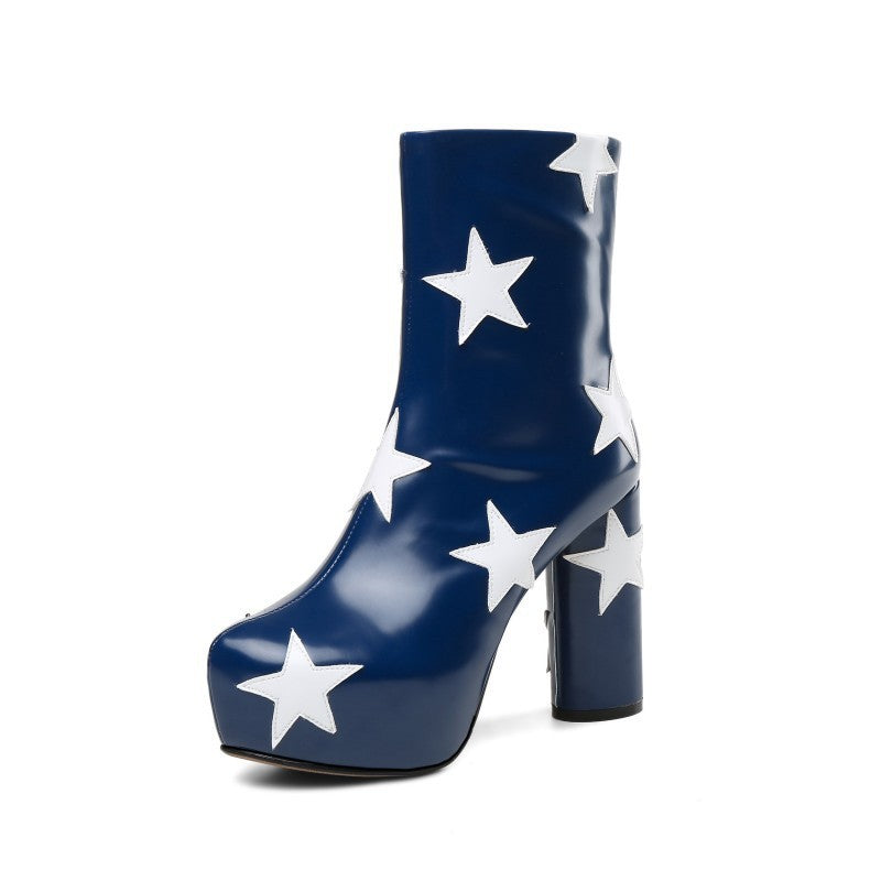 Womens Round Head Chunky High Heels Boot | Side Zipper Height Increasing