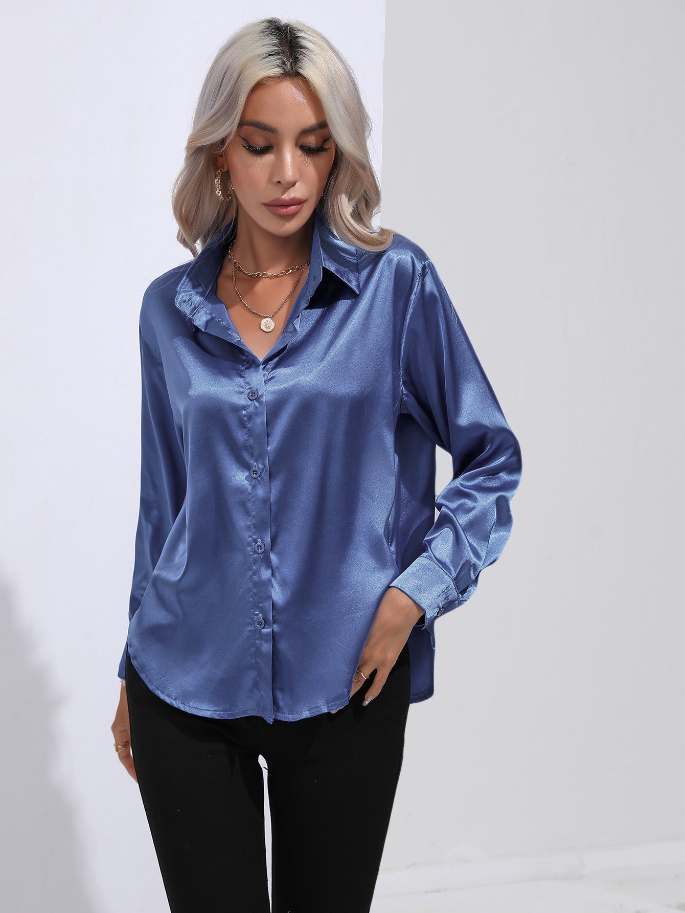 Satin Solid Color Button Front Lapel Shirt by Lakd London