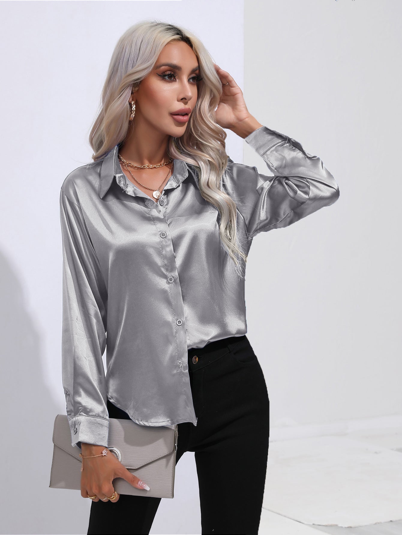 Satin Solid Color Button Front Lapel Shirt by Lakd London