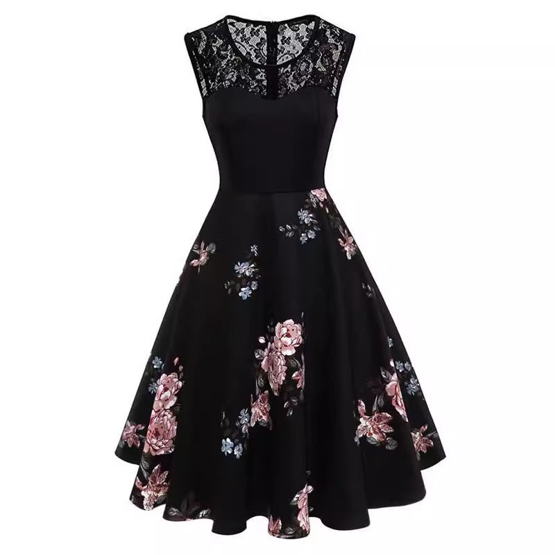 Lace Stitching Sleeveless Floral-print Retro Dress by Lakd London