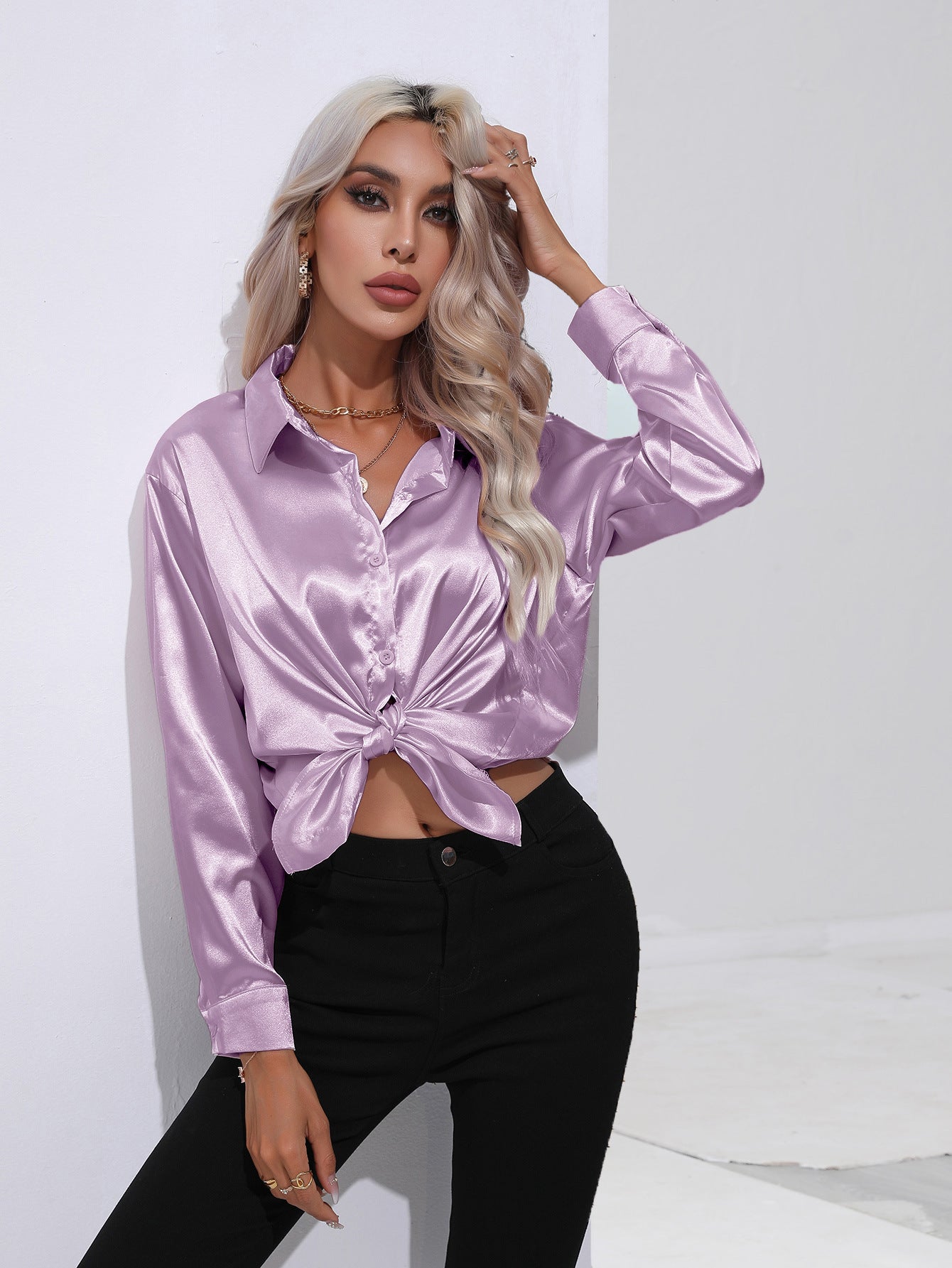 Satin Solid Color Button Front Lapel Shirt by Lakd London